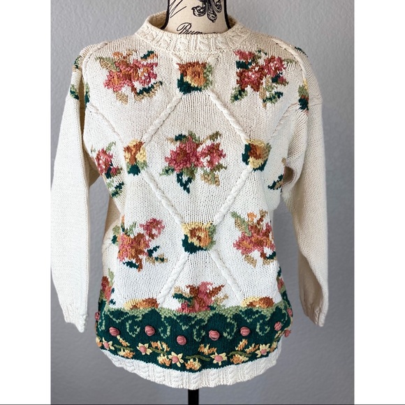 Crystal-Kobe Sweaters - Vintage 80's Crystal-Kobe Cream Jumper with Floral Design